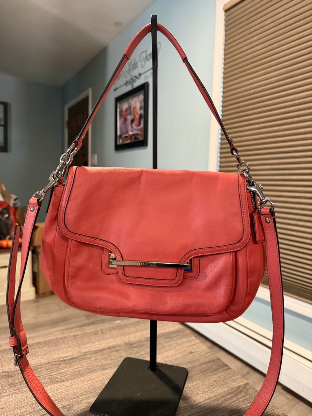 Coach Coral-Red Taylor Leather Flap Shoulder Bag with Detachable Strap